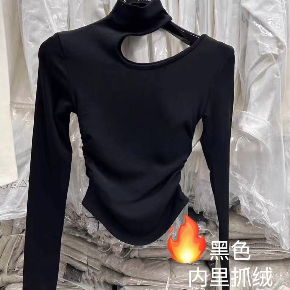 冬季加绒2025新款小心机时尚设计感缩褶套头T恤衫百搭长袖上衣女