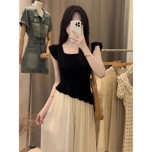 法式黑色短袖方领T恤女装夏季设计感小众修身显瘦百搭上衣新款