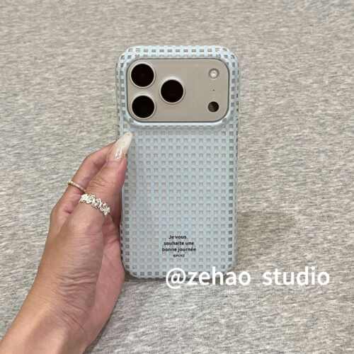 简约小众ins风清新浅蓝色格纹适用苹果17promax手机壳iphone16pro新款17少女心15promax全包防摔双层手机套