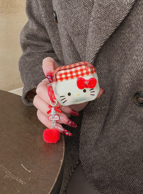 卡通格纹蝴蝶结Kitty猫咪挂件适用苹果AirPods Pro2耳机保护套AirPods4无线蓝牙耳机壳airpods3代软壳二代女