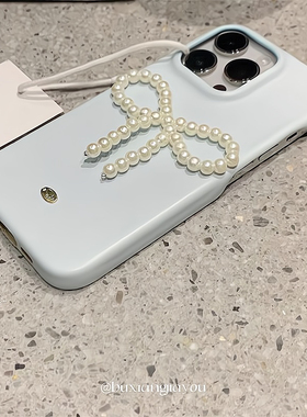 ins小香风蓝色珍珠蝴蝶结适用iphone17ProMax苹果16手机壳14皮质15女13