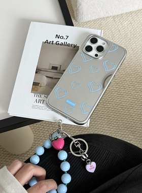 小众ins浅蓝色爱心补妆镜面手机壳适用iphone17ProMax苹果16手机壳14链条15女13