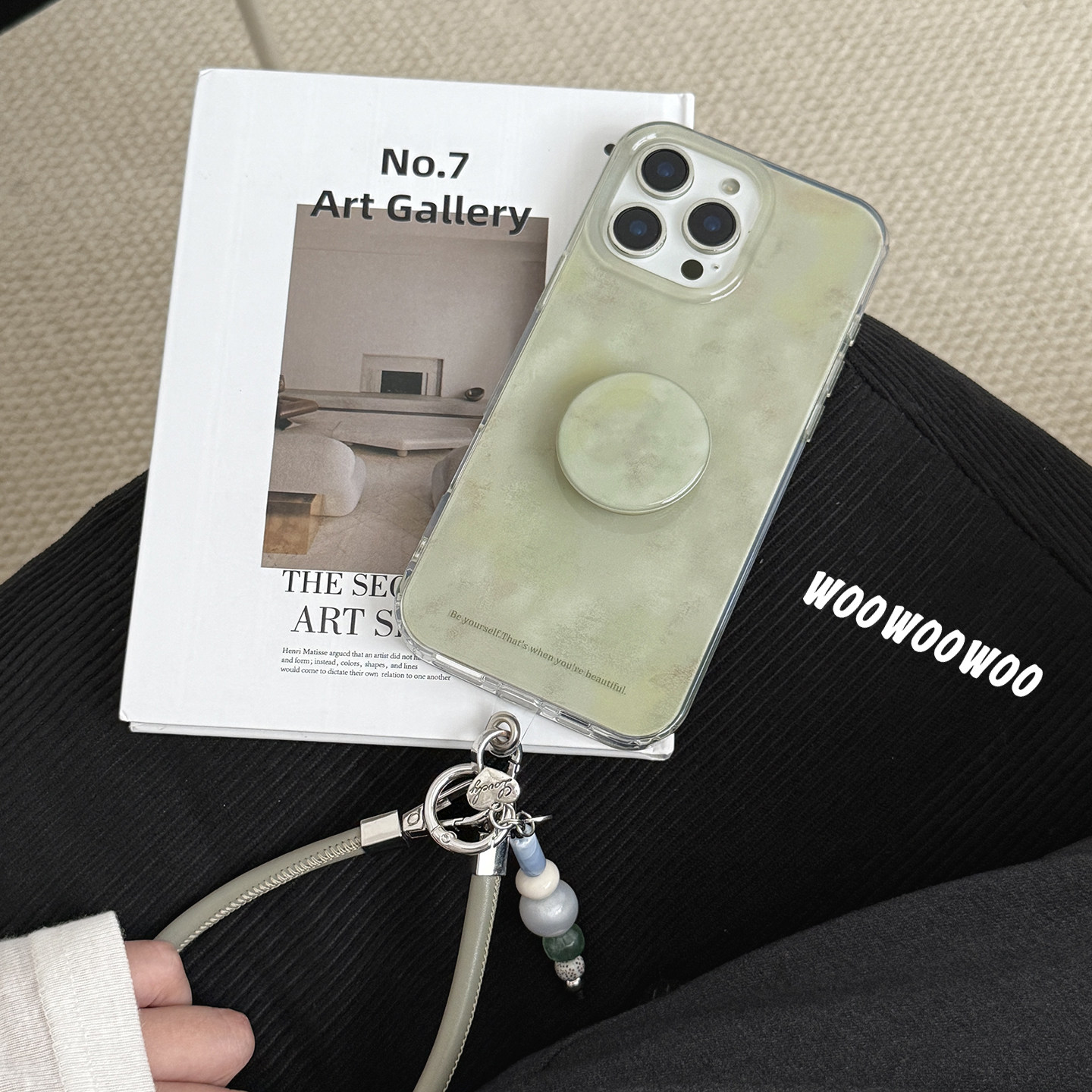 小众ins高级浅绿大理石纹支架适用iphone17ProMax苹果16手机壳14串珠链条皮质手提挂绳15女13