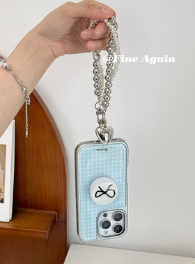 甜美少女心淡蓝色格纹滴胶适用iphone17ProMax苹果16手机壳14蝴蝶结支架15女13链条