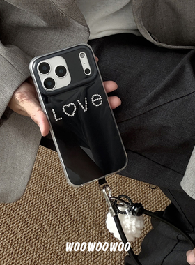 小众ins贴钻LOVE黑色手机壳皮质挂绳适用iphone17ProMax苹果16手机壳14毛球挂件15女13