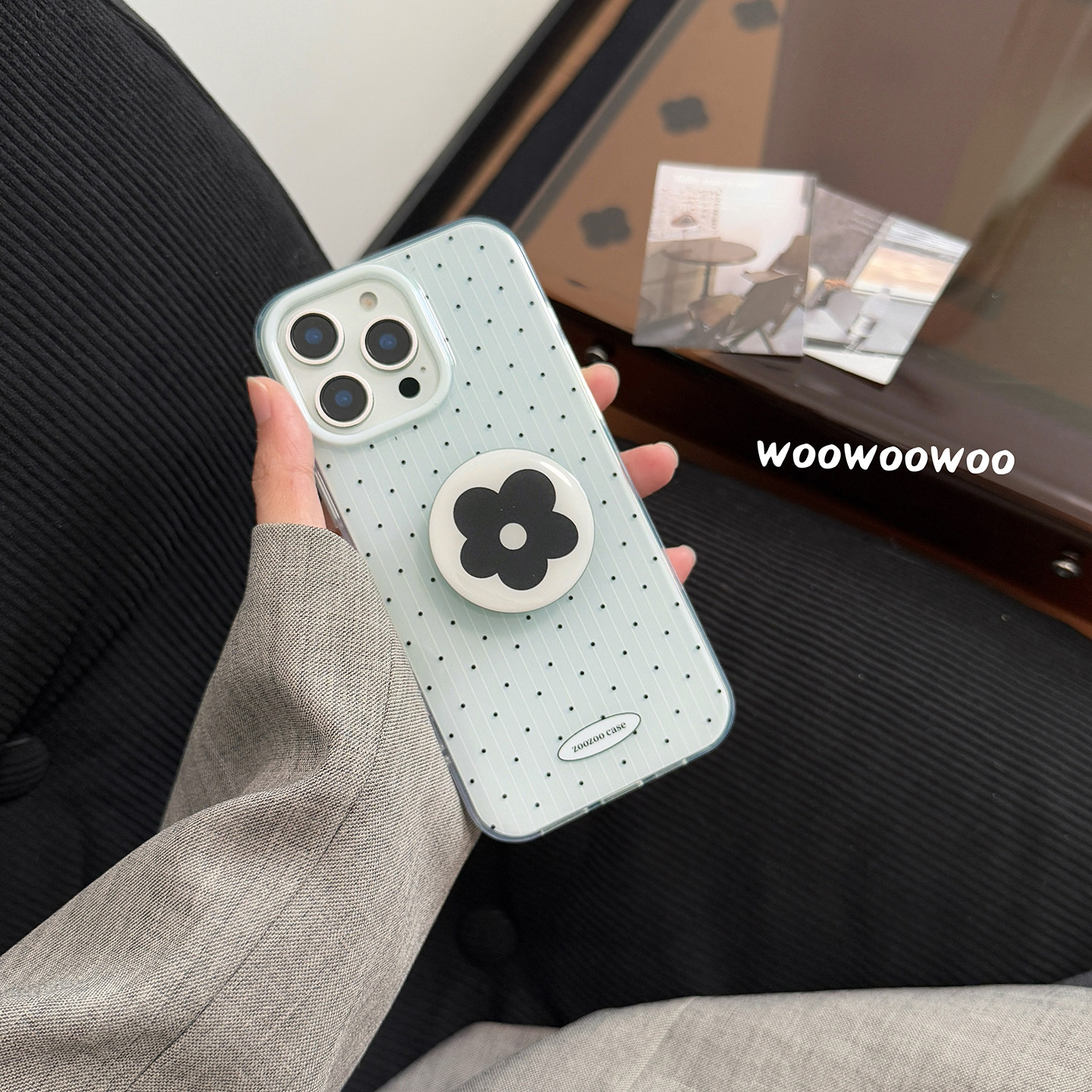 小众清新浅蓝色条纹波点手机壳小花支架适用iphone17ProMax苹果16手机壳14韩系ins15女13