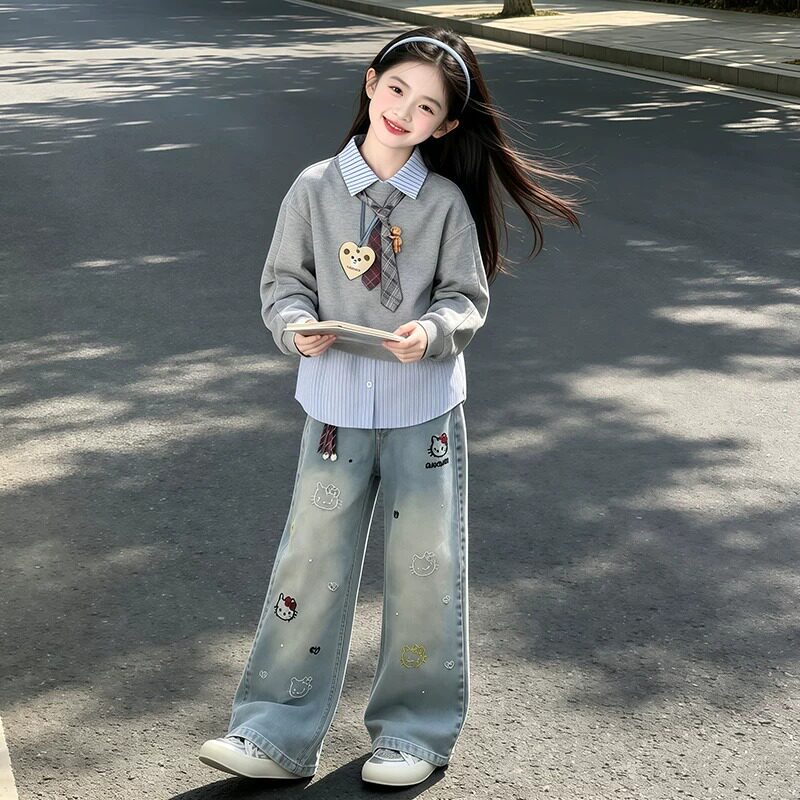 两件套女童秋季假两件卫衣牛仔裤套装女孩春秋新款时尚卡通上衣潮