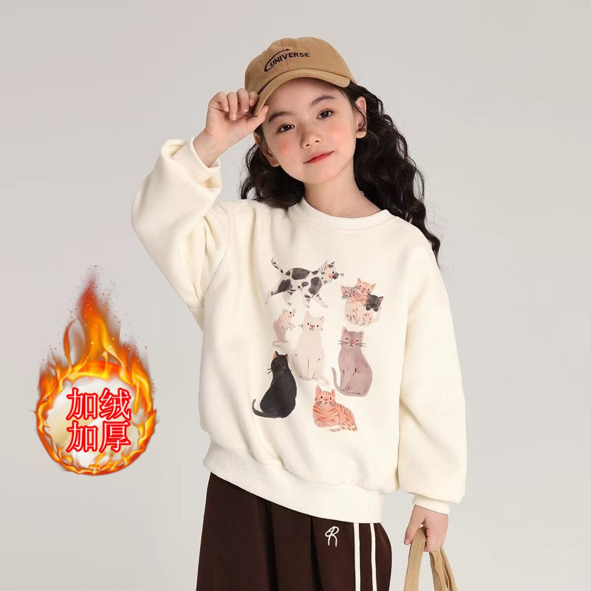 2026新款中大童女童洋气上衣卡通印花休闲圆领长袖卫衣加绒加厚潮