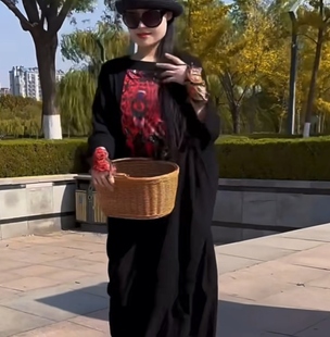 杨丽萍温柔同款民族风圆领印花中国风长裙A字连衣裙春夏云南拉萨