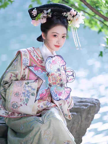 汉服时兰若清嘉双色重工仿刺绣印花马甲氅衣旗服格格宫装套装旗袍