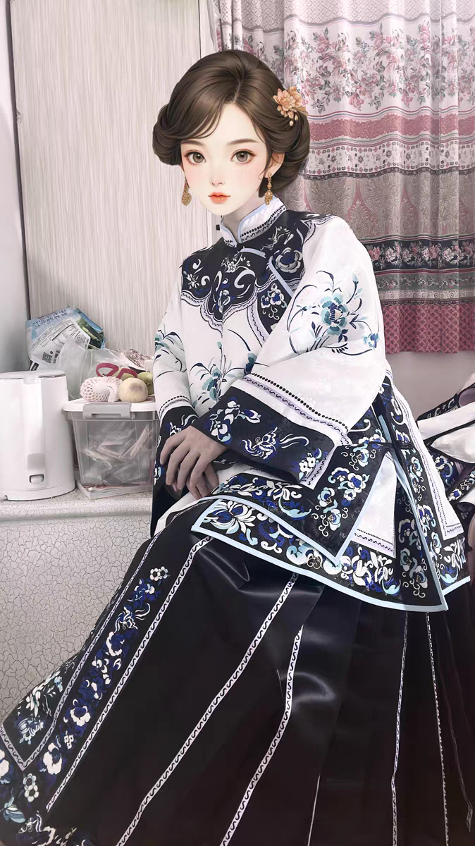 两件套格格旗装清朝服装晚清汉服女青花瓷印花上衣马面裙2026新款