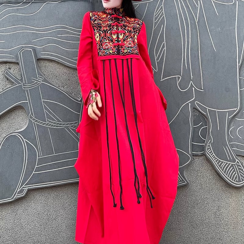 杨丽萍同款刺绣棉麻连衣裙复古民族风立领盘扣喇叭袖流苏长裙文艺