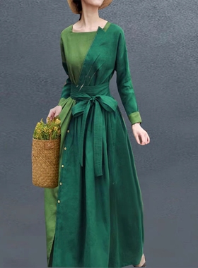 民族风棉麻连衣裙春夏原创设计棉麻文艺复古拼色长裙中国风袍子潮