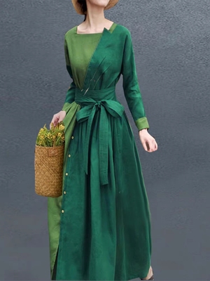 民族风棉麻连衣裙春夏原创设计棉麻文艺复古拼色长裙中国风袍子潮