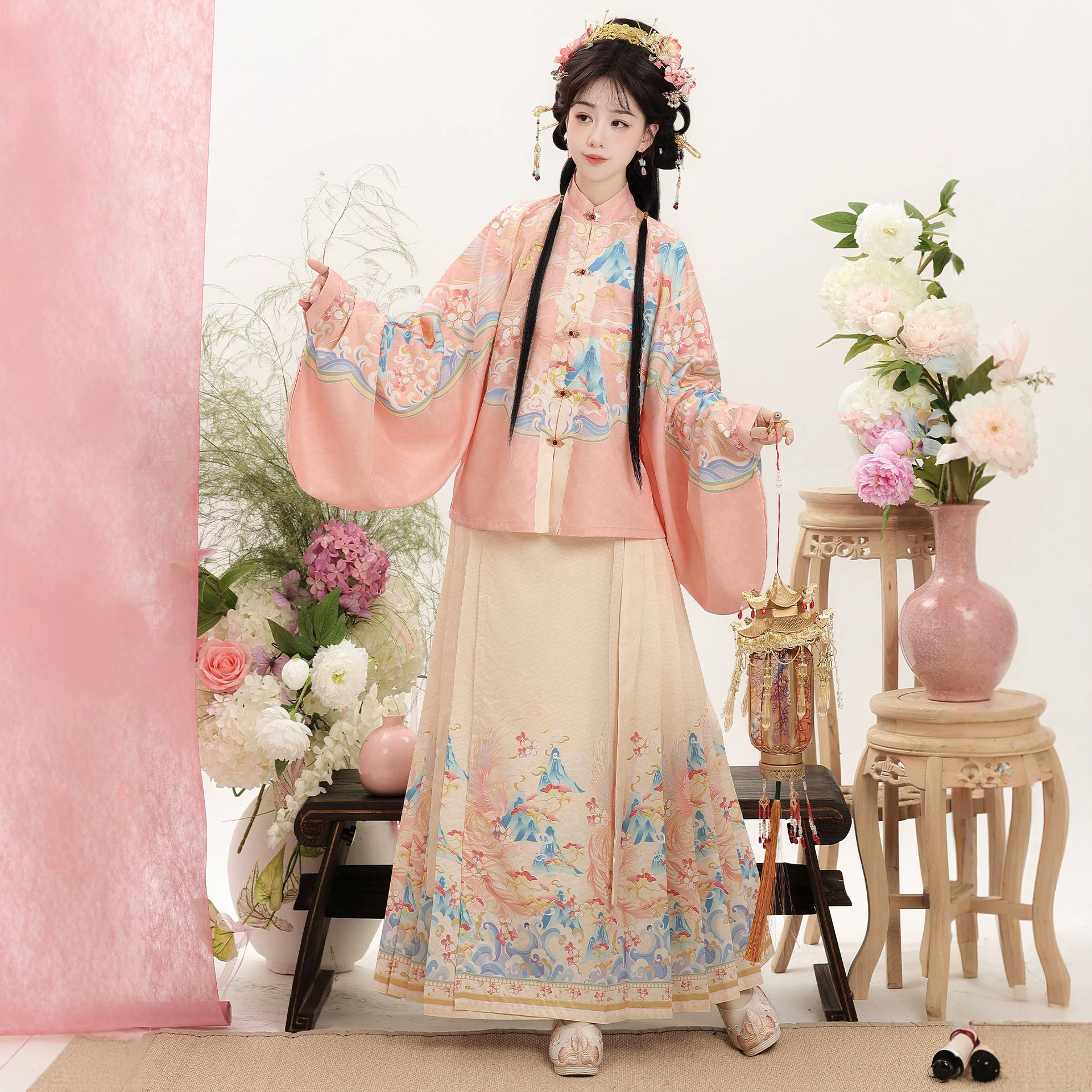 原创2026新款明制汉服女立领对襟琵琶袖粉色半身裙印花日常马面裙