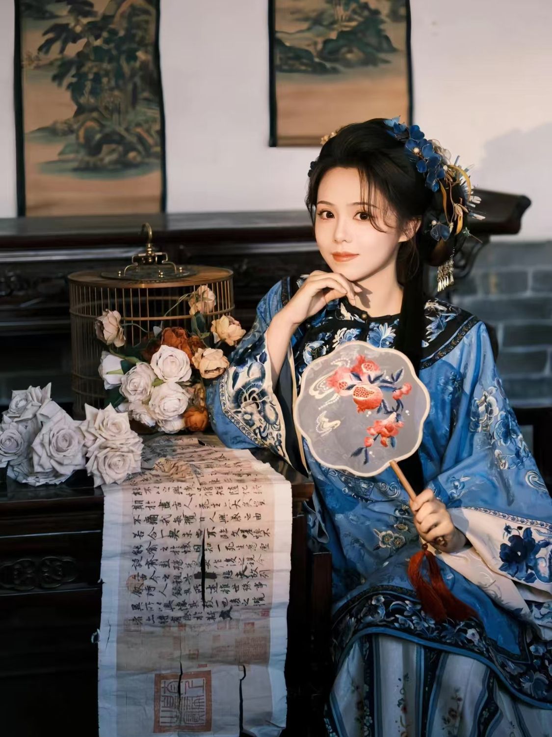 晋商少奶奶女圆领斜襟国风清汉女格格服清代大宅门蓝色摄影旅拍服