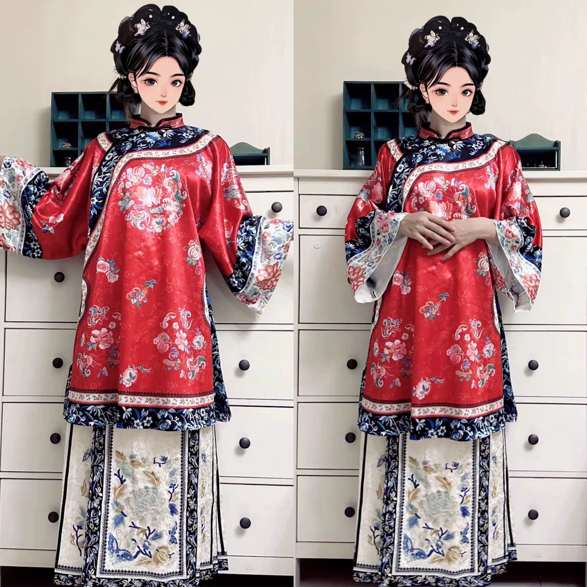 两件套原创少奶奶清汉印花重工清代仿刺绣斜襟服饰立领马面裙汉服