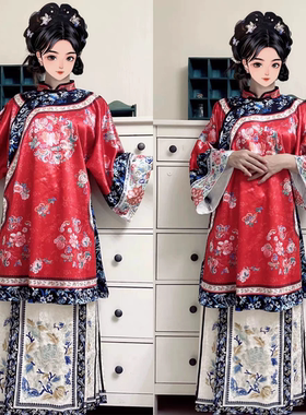 两件套原创少奶奶清汉印花重工清代仿刺绣斜襟服饰立领马面裙汉服