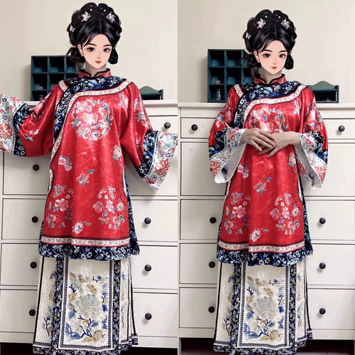 两件套原创少奶奶清汉印花重工清代仿刺绣斜襟服饰立领马面裙汉服