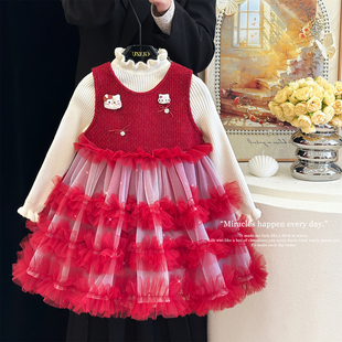 女童红色连衣裙冬装 儿童洋气拜年服公主裙小童高级加绒背心裙套装