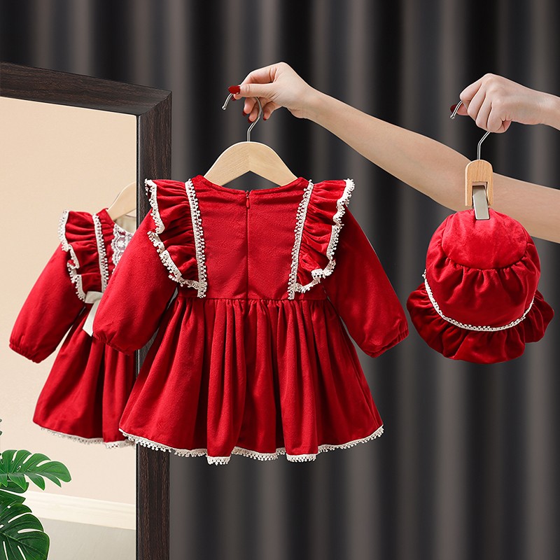 女童套装裙秋冬2023新款女宝宝红色周岁宴礼服婴儿洋气加厚公主裙