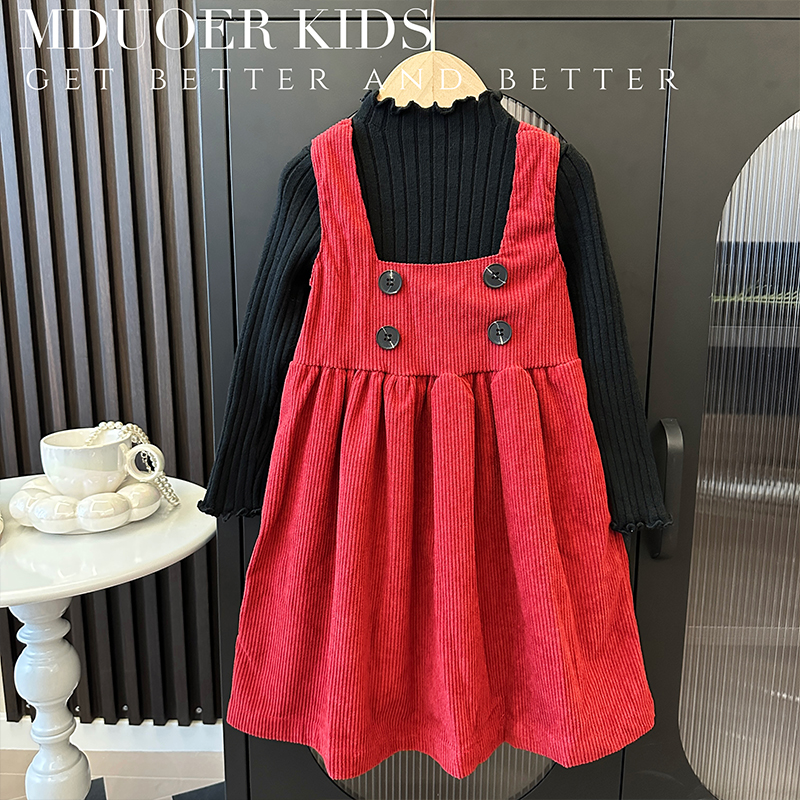 儿童套装春秋女童背心裙红色韩版洋气裙子宝宝时髦吊带公主裙秋装