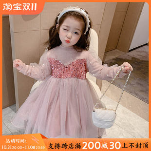 女童洋装秋冬装2023新款洋派儿童粉色加绒公主裙高级感礼服裙子
