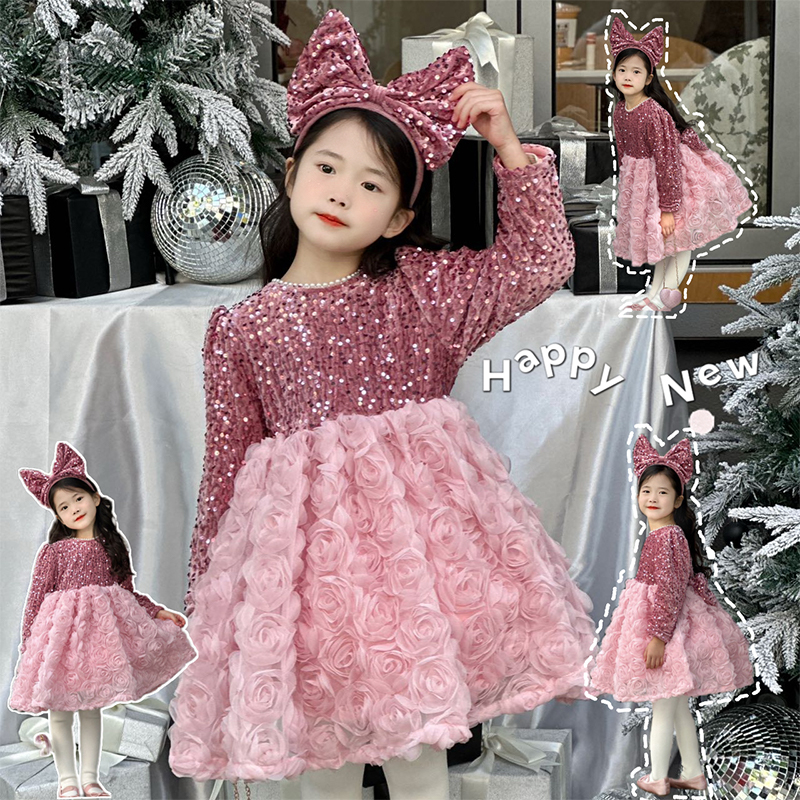 女童高级感粉色亮片玫瑰公主礼服