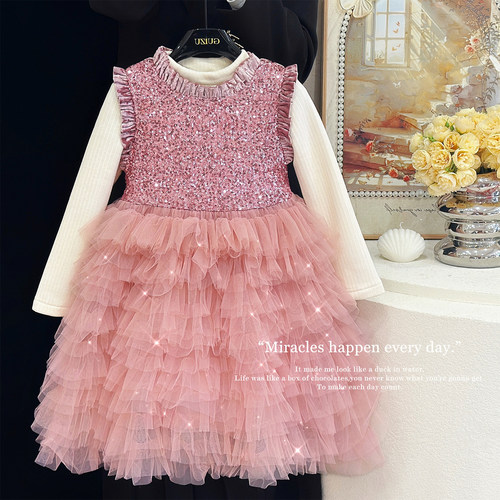 女童洋气网纱亮片丝绒花边领裙子