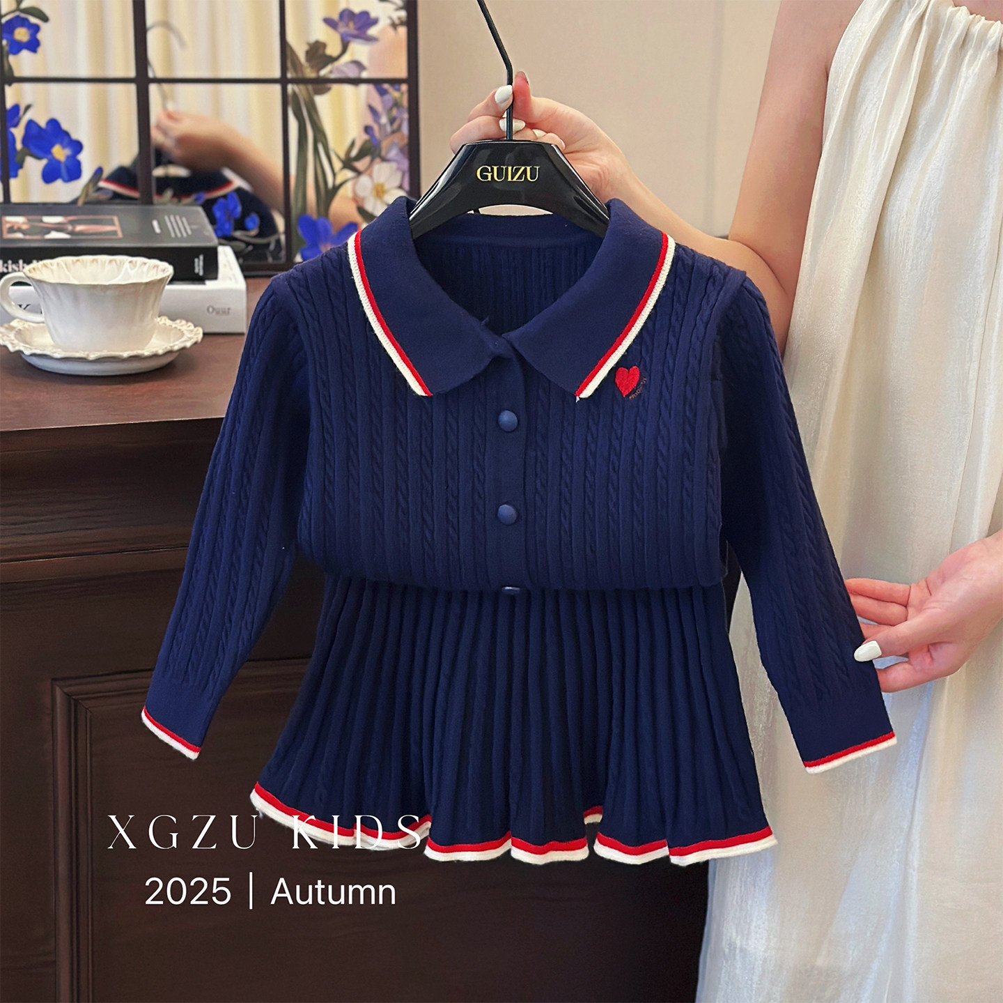 女童英伦风套装春秋2026新款宝宝polo领时髦针织开衫外套百褶短裙