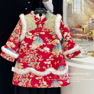 女童玉兔加绒夹棉拜年服刺绣旗袍