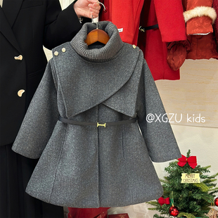 女童毛呢外套冬装2026新款儿童中长款夹棉呢子大衣可拆卸斗篷套装