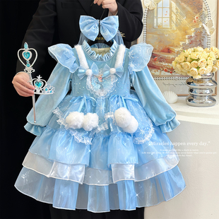 女童爱莎公主裙冬季冰雪蓝色儿童艾莎连衣裙高级感洛丽塔加绒裙子