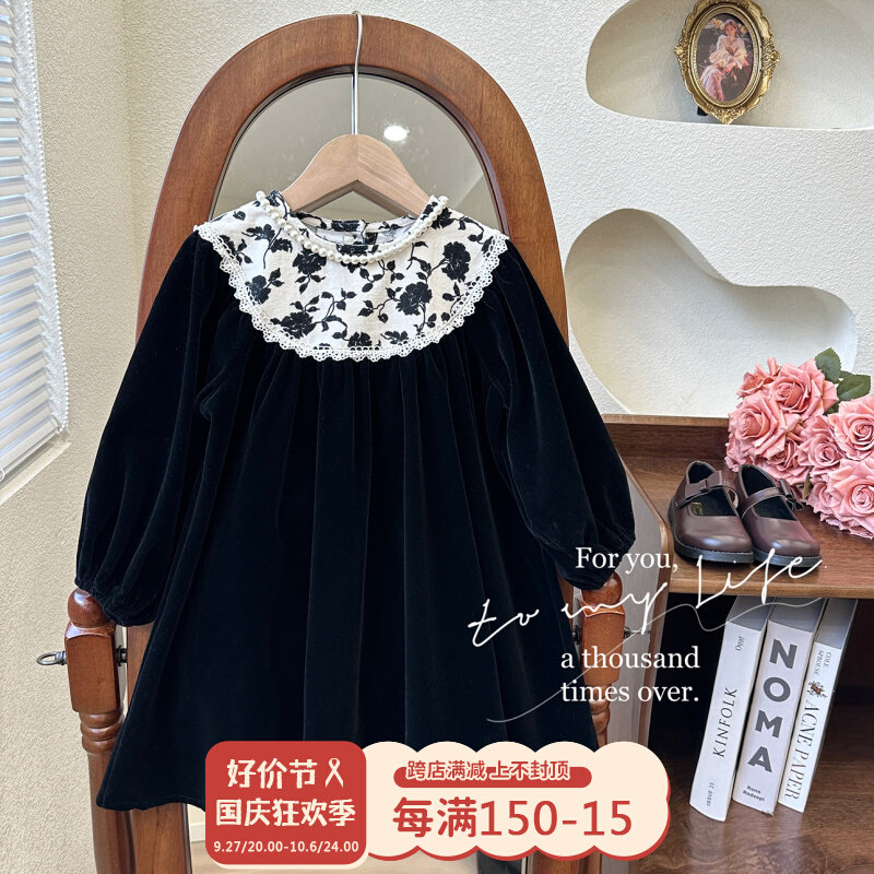 女童赫本风洋装秋装小女孩时尚复古丝绒公主裙儿童韩版长袖裙子