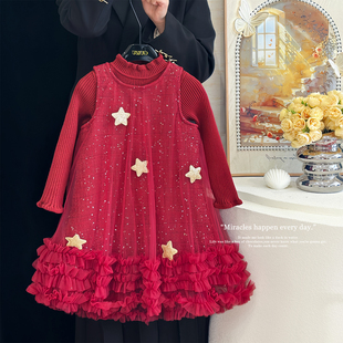 女童红色连衣裙冬装2026新款洋气宝宝拜年服公主裙儿童礼服蓬蓬裙