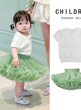 山姆女童tutu裙套装夏装儿童洋气绿色短袖裙子宝宝周岁礼服两件套