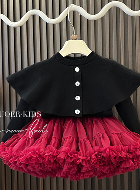 女童tutu裙套装秋冬装女宝宝洋气时髦毛衣开衫红色过年裙子两件套