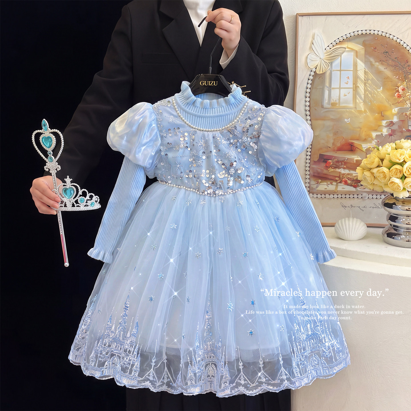 女童爱莎公主裙秋冬款儿童艾莎连衣裙冰雪奇缘蓝色生日礼服蓬蓬裙