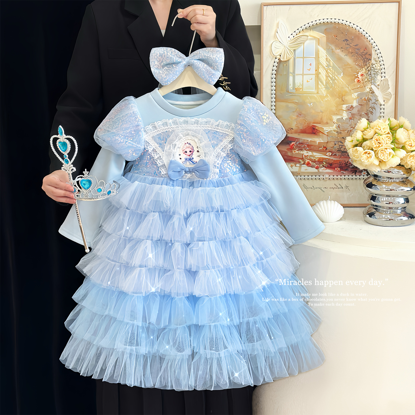 女童爱莎公主网纱蓝色连衣裙