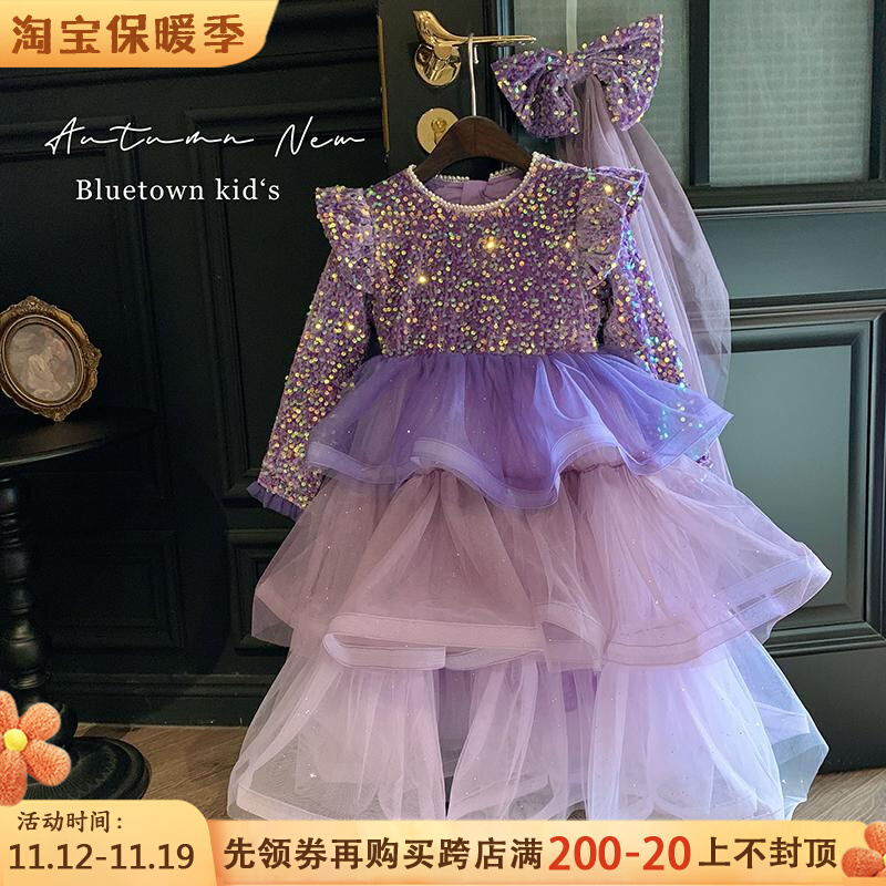 高端女童公主裙秋冬款2023新款儿童套装洋派加绒亮片生日礼服蓬蓬