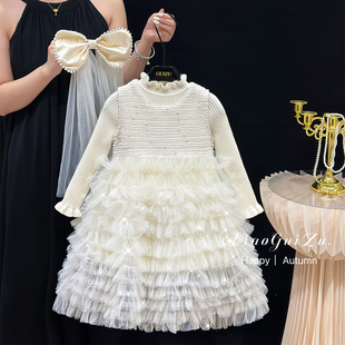 女童小香风连衣裙秋冬款儿童高级感生日公主裙洋气白色毛衣背心裙