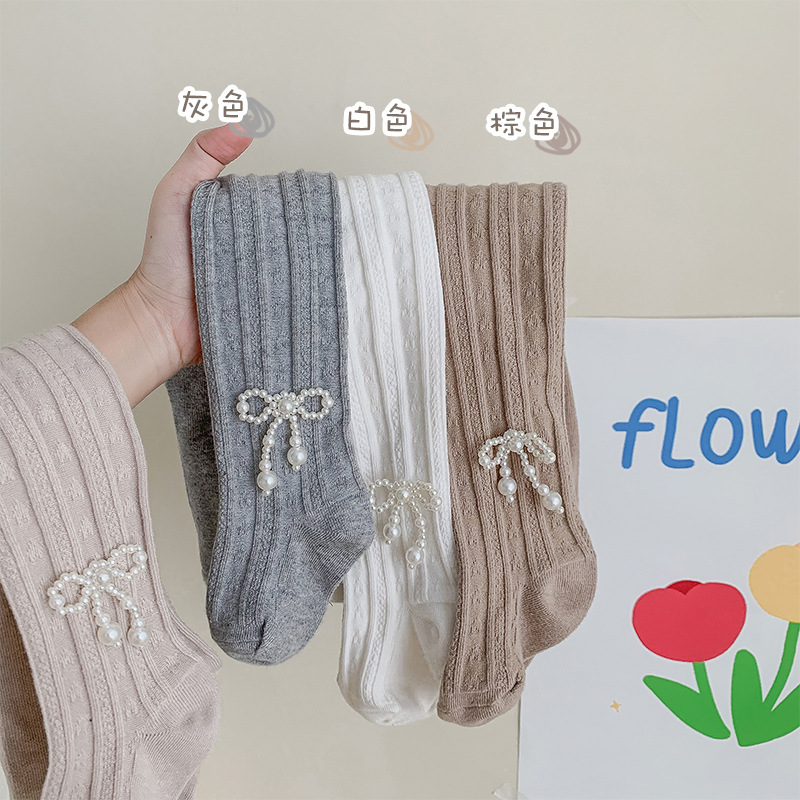 春季女童珍珠蝴蝶结连裤袜棉袜