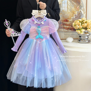 女童连衣裙春秋季2026新款绝美紫色小女孩生日毛衣裙美人鱼公主裙