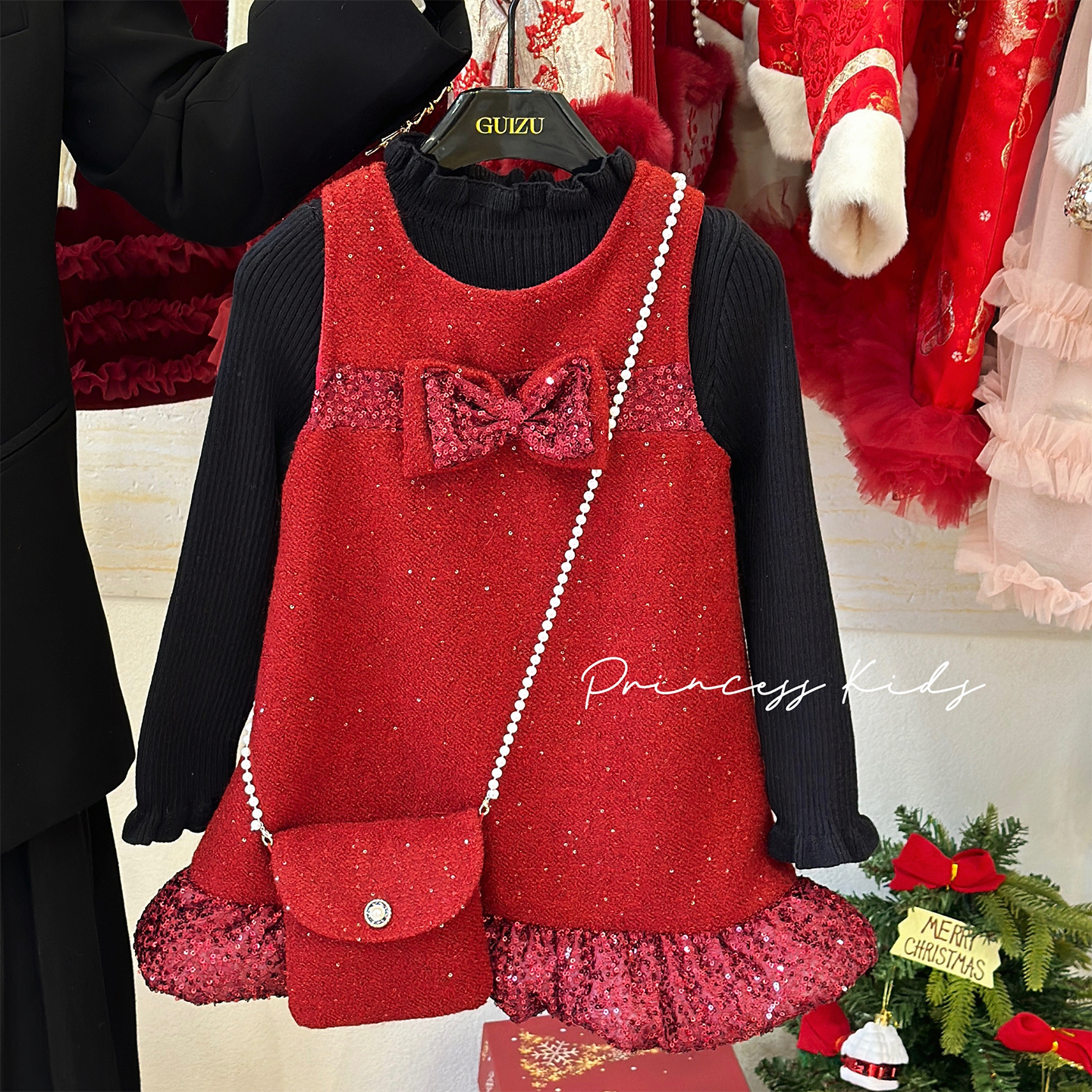 女童红色洋气新年蝴蝶结套装裙