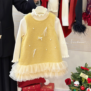 女童加绒小香风连衣裙冬装 小女孩超好看公主裙洋气时髦背心裙套装