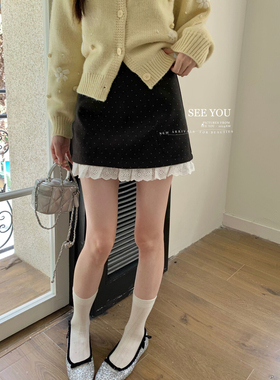 现货韩系蕾丝花边拼接波点毛尼厚实半身裙高腰百搭显瘦a字短裙冬