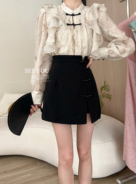 现货24国风复古新中式半身裙盘扣A字短裙设计感新款黑色开衩裙子