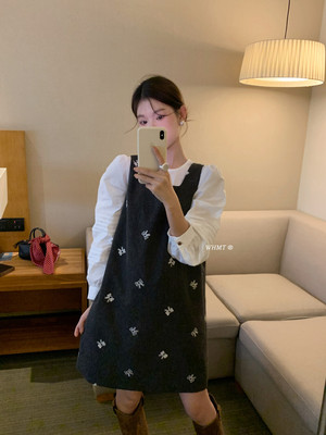 RS.WHMT新款miu系气质方领蝴蝶结刺绣背心连衣裙 宽松百搭短裙女