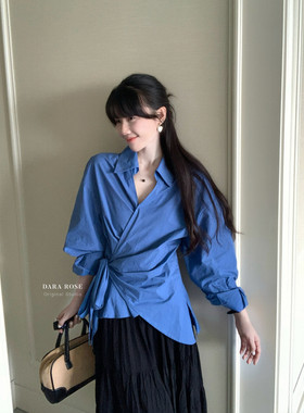 DARAROSE韩系简约气质收腰蓝色衬衫女减龄V领系带时尚不规则上衣