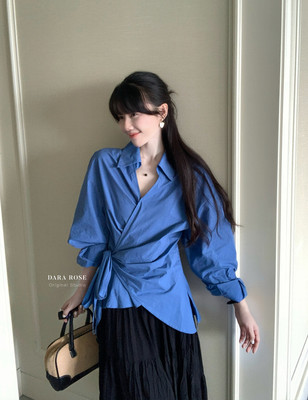 DARAROSE韩系简约气质收腰蓝色衬衫女减龄V领系带时尚不规则上衣